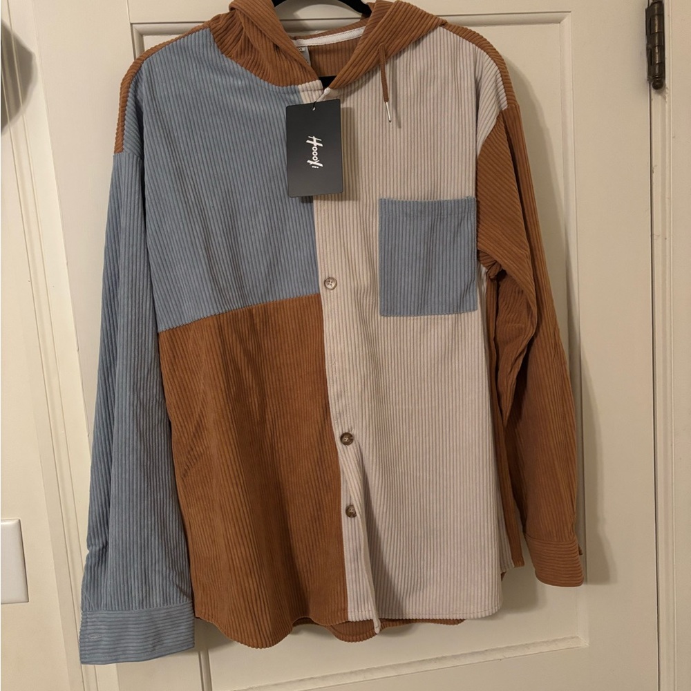 Relax Fit Colorblock Corduroy Hooded Shirt